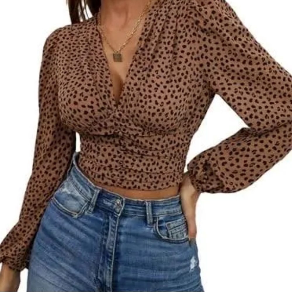All Over Print Bishop Sleeve Shirred Back Crop Blouse
